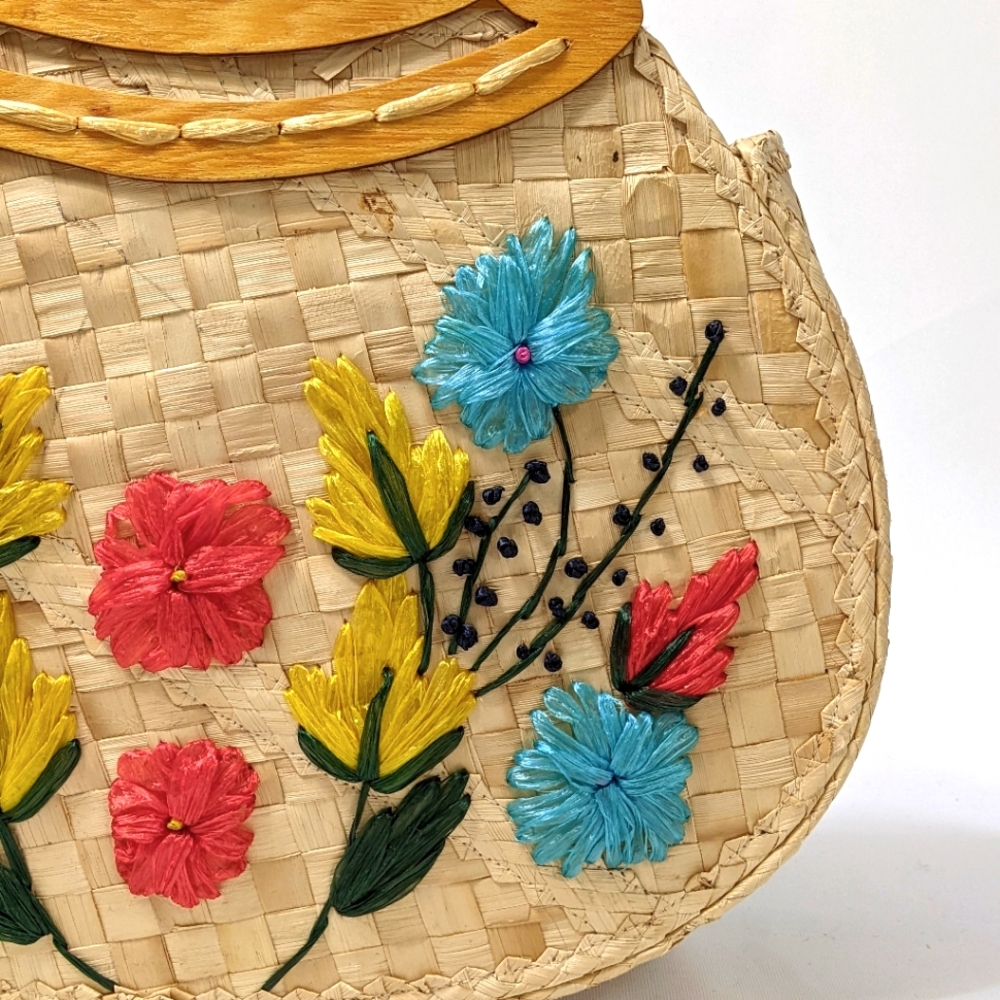 Woven Grass Floral Embroidered Basket Clutch